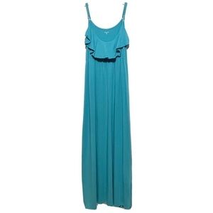 Garnet Hill Teal Blue Stretch Maxi Dress Tank Top Straps Ruffle Neck Size XS